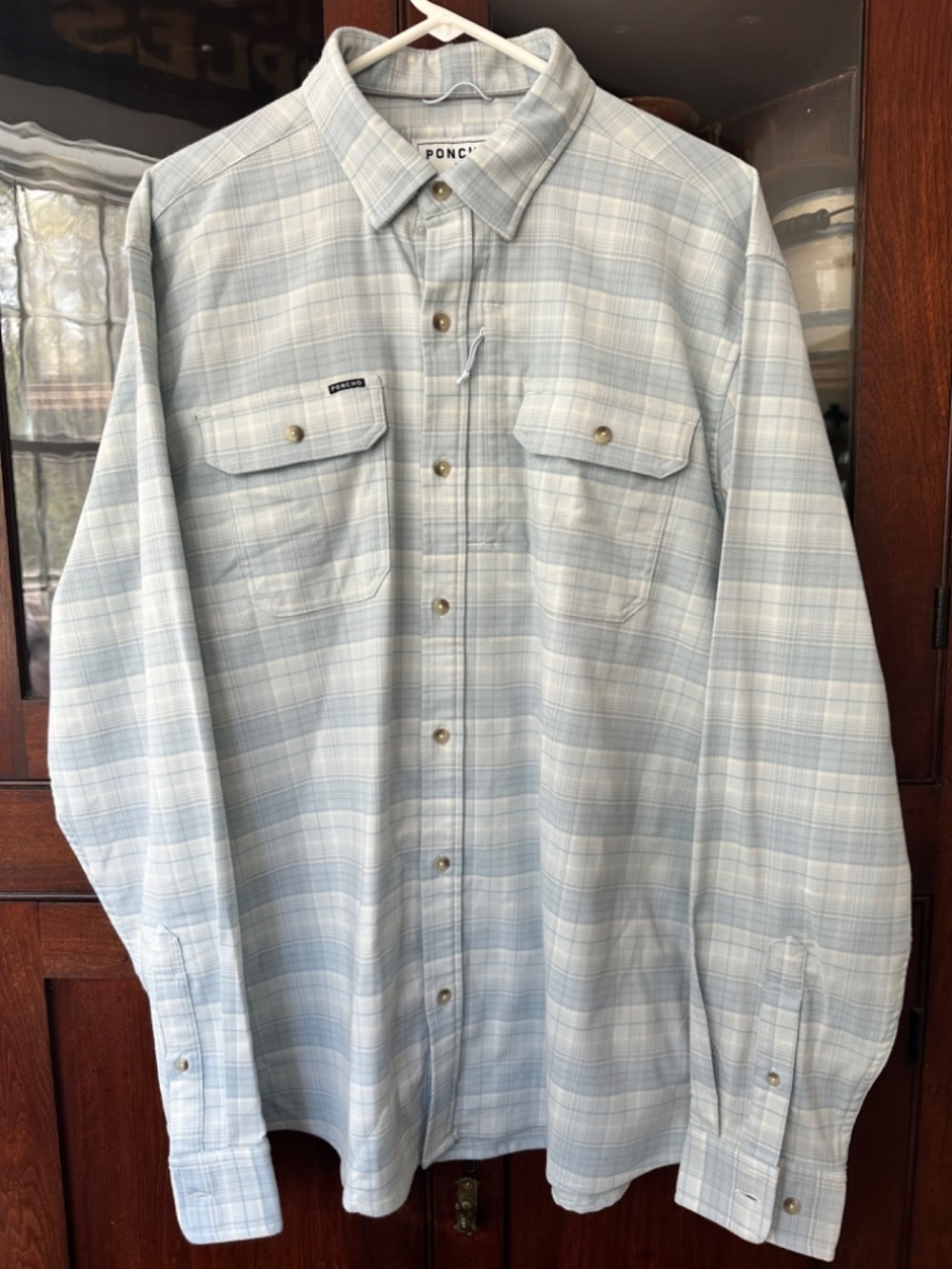 PONCHO Mens Performance Flannel Shirt Button Down Size XL Slim Light Blue